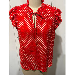 Women's TAMARA H. Red White Polka Dot Ruffle tie neck cap sleeve Blouse SP